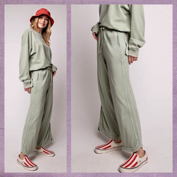 EASEL "So Comfy" Side Seams Scooped Hem Wide Leg Mineral Washed Pants Drawstring - Picture 5 of 16